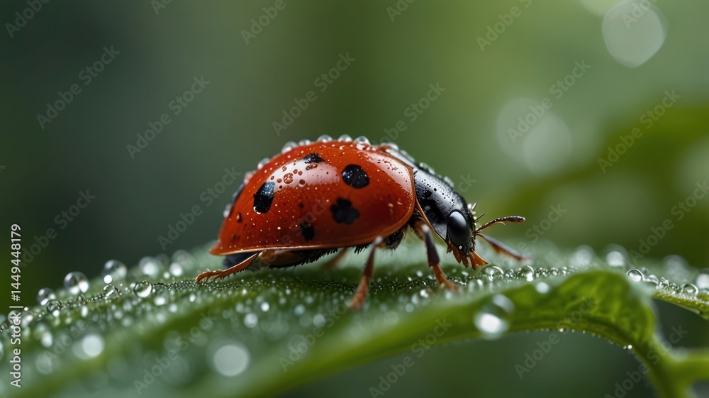 Obraz premium A Ladybug’s Journey Through a Dewy Garden