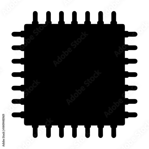 Black silhouette of a computer microchip component with pins on all sides