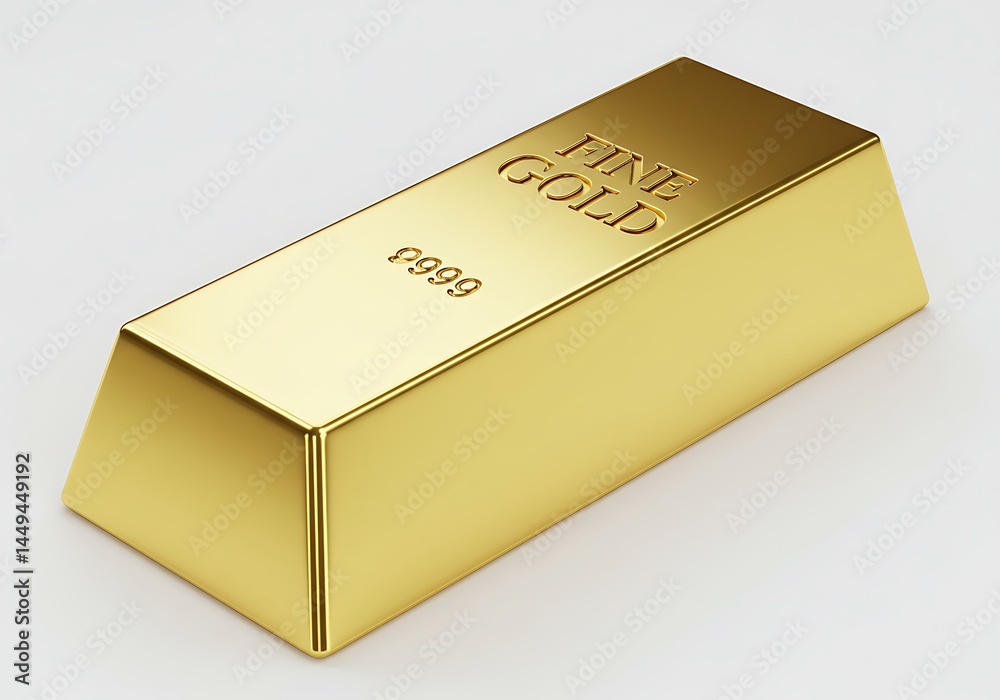 Close up shot of a single fine gold bar with purity marking on a white background in a studio setting Close up shot of a single fine gold bar with purity marking on a white background in a studio setting