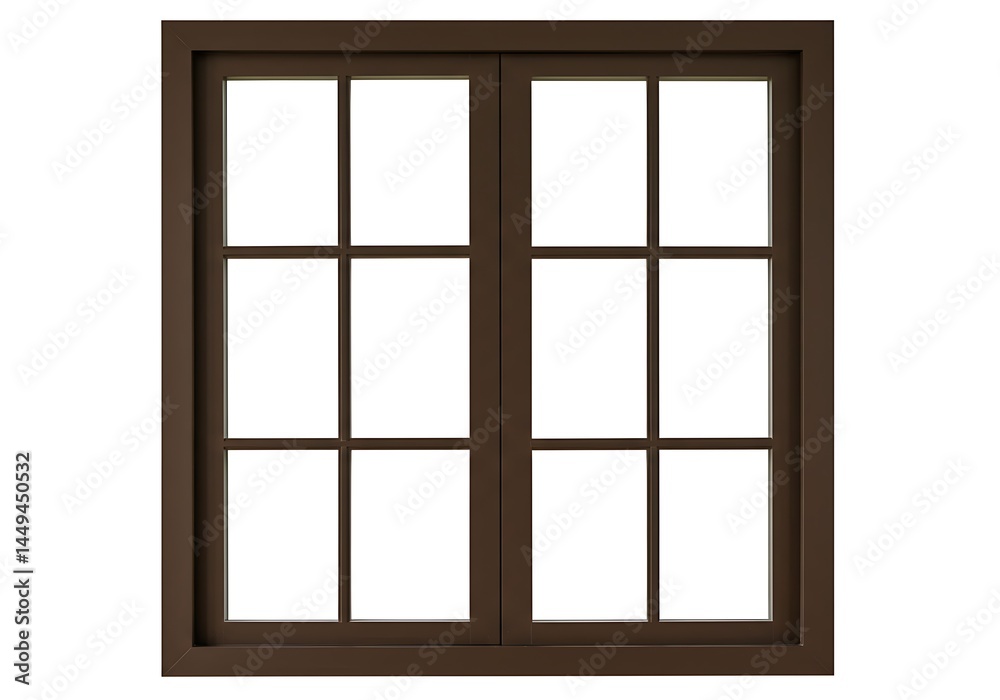 A brown window with six panes of glass and a simple frame set against a plain white background studio shot A brown window with six panes of glass and a simple frame set against a plain white background studio shot