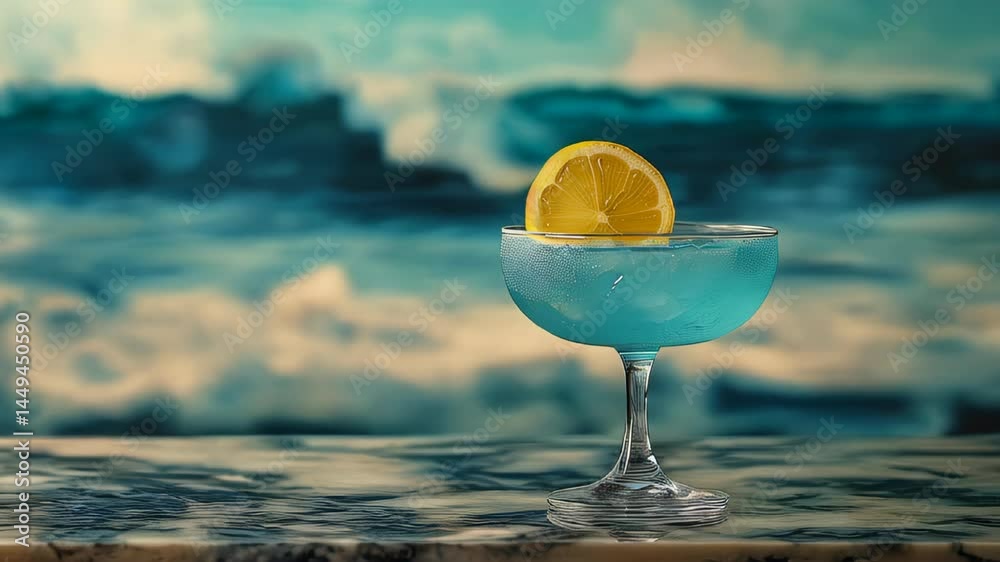 video of A cool blue cocktail with a lemon slice, set against a tropical beach backdrop, capturing the essence of a summer getaway	