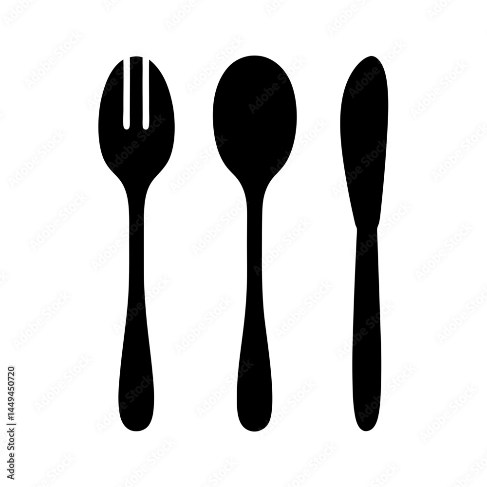 Minimalist Illustration of Black Cutlery Set on White Background Perfect for Design Minimalist Illustration of Black Cutlery Set on White Background Perfect for Design