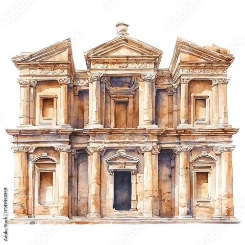 Petra Treasury Facade, vector watercolor illustration, isolated on a white background.