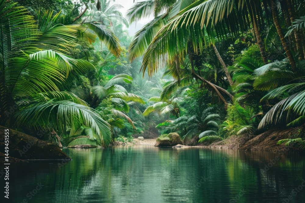 Lush Tropical Paradise, Serene River Flowing Through Verdant Jungle