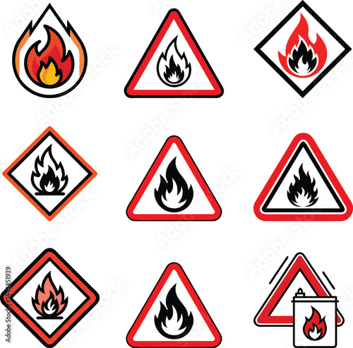 Flammable Hazard Icons. Fire Warning Safety Sign Vector Set