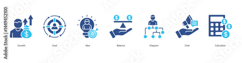 Business Planning icon sheet vector illustration growth, goal, idea, balance, diagram, chat, calculator