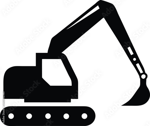 The solid black excavator icon shows its raised arm and bucket clearly against white