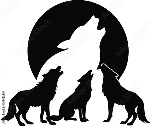 Three black wolves and a white silhouette howl under the full moon on white