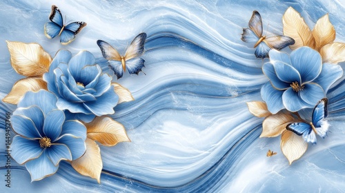 Blue flowers, butterflies, marble background