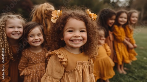 Adorable Girls in Mustard Yellow Dresses Autumn Outdoor Portrait