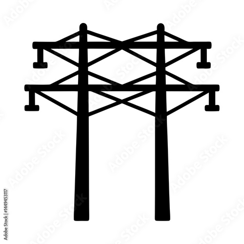 Silhouette of a high voltage electrical transmission tower against white background