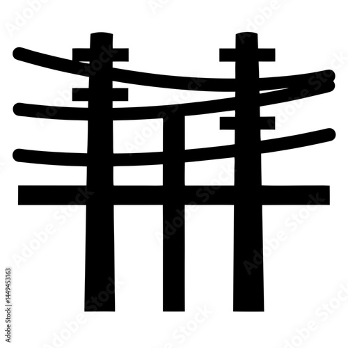 Silhouette of a high voltage electrical transmission tower against white background