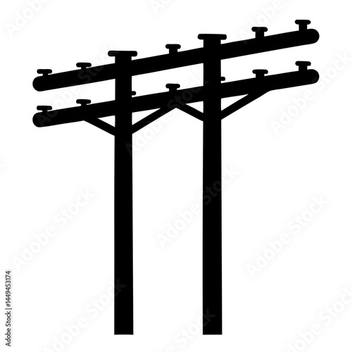 Silhouette of two old utility poles with insulators and crossarms isolated
