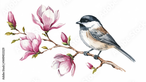 A delicate watercolor illustration of a black-capped chickadee perched on a magnolia branch