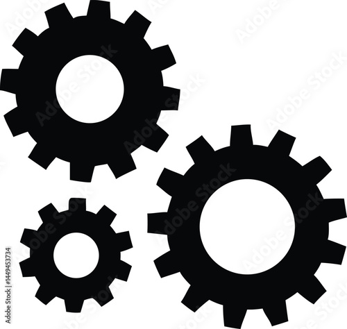 Three interlocking gears showcase mechanical process and connectivity in this transparent background graphic