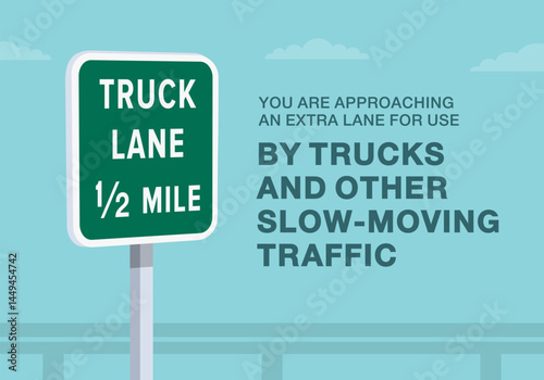 Safe driving tips and traffic regulation rules. Close-up of United States "truck lane xx mile" sign meaning. An extra lane for use by trucks and other slow-moving traffic. Flat vector illustration.