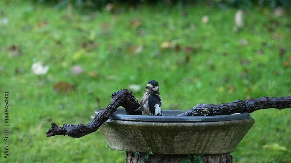 Ein badender Specht in einem Vogelbad
