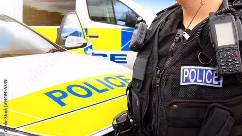 Police officer and police car - scene of emergency services' cop and police force road vehicles in action, featuring a law enforcement car and van in response to an incident.