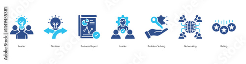 Leadership icon sheet vector illustration leader, decision, business report, leader, problem solving, networking, rating