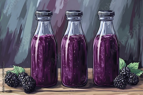 Blackberry Juice in Clear Glass Bottles on Wooden Table with Fresh Blackberries