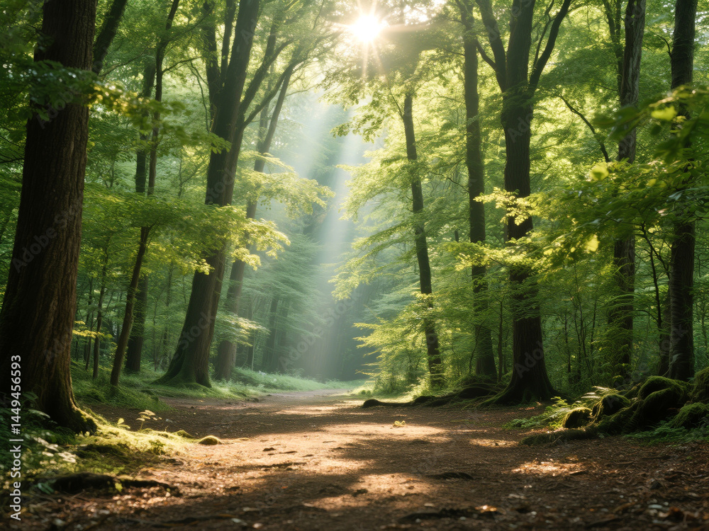 Obraz premium Sunlit Path Through Tranquil Woods A Serene Nature Escape