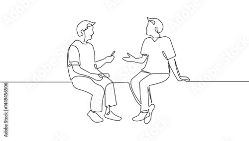 Two Men Talking One Continuous Line Drawing. Meeting or Friendship Concept in Simple Linear Style. Working Process Editable Stroke Hand Drawn Doodle Vector Illustration