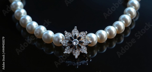 Wallpaper Mural Elegant pearl necklace with flower-shaped pendant, black background. Luxury jewelry, close-up shot, soft lighting. Accessory for woman, perfect gift. Beauty, fashion jewelry, shiny gemstones with Torontodigital.ca