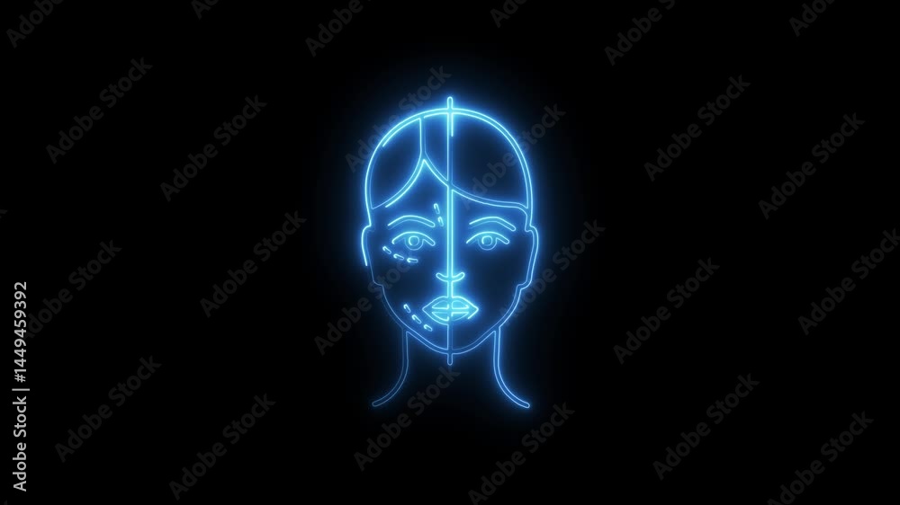 Womans face with blue neon lines indicating plastic surgery procedures on black background minimalist aesthetic Womans face with blue neon lines indicating plastic surgery procedures on black background minimalist aesthetic