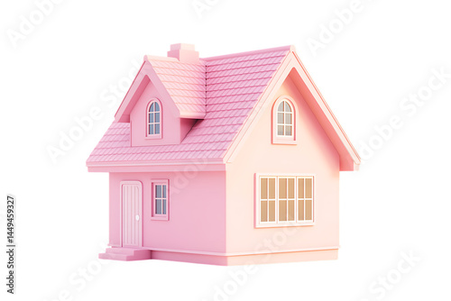 cute pastel-colored cartoon house with a pink roof and windows on a transparent background