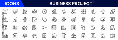 A business set of web icons in a linear style. Business Project icons for web and mobile apps. Business, organisation management, planning, project, startup, marketing, teamwork. Vector illustration