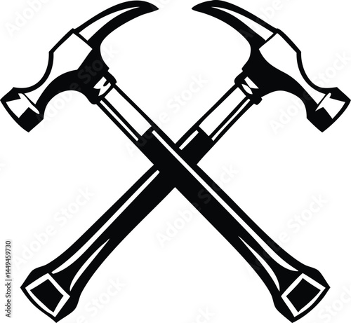 Two hammers crossed create a bold monochrome emblem on a transparent background