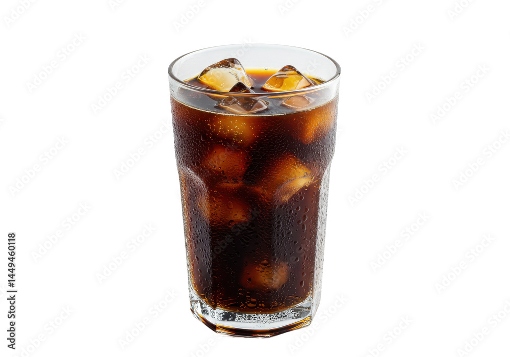 Chilled Cola Dark drink with ice cubes in tall glass condensation droplets and a black background Chilled Cola Dark drink with ice cubes in tall glass condensation droplets and a black background