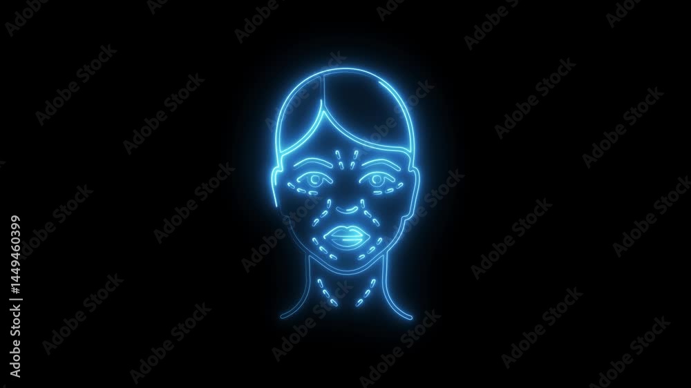 Womans face with facial plastic surgery marks in neon blue glow animation on black background