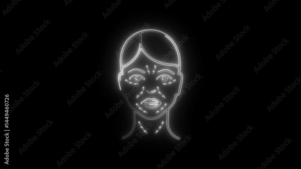 Neon style womans face with plastic surgery marks against black background
