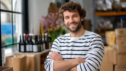 A smiling man stands confidently in a warehouse full of boxes and wine bottles.
