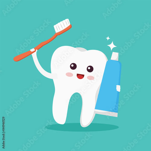 Happy cute cartoon tooth with toothbrush and toothpaste. Cleaning and whitening teeth concept vector illustration