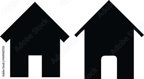 Two simple black house icons are standing closely on a white background, with transparency