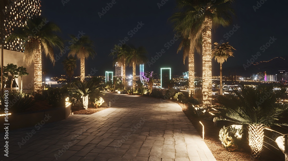 Fototapeta premium Illuminated night pathway through tropical urban landscape
