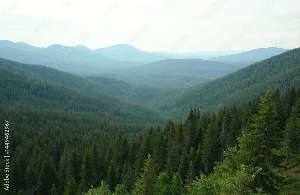 Fototapeta premium Aerial view of a taiga forest with hills and mountains. Rich green coniferous trees cover slopes. Summer seasonal scenic panorama from Valtavaara hill near Kuusamo Finland.