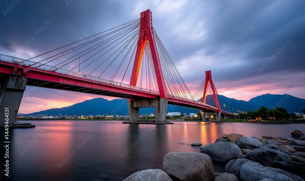 Fototapeta premium Red cable-stayed bridge at sunset over a river, with mountains in the background. Possible use Stock photo for architectural, travel, or nature publications