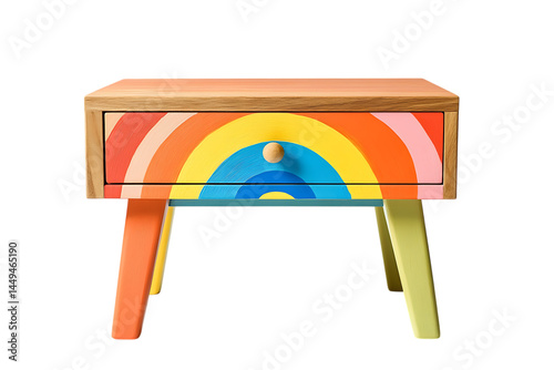 wooden drawer with a rainbow-colored painted front on a transparent background
