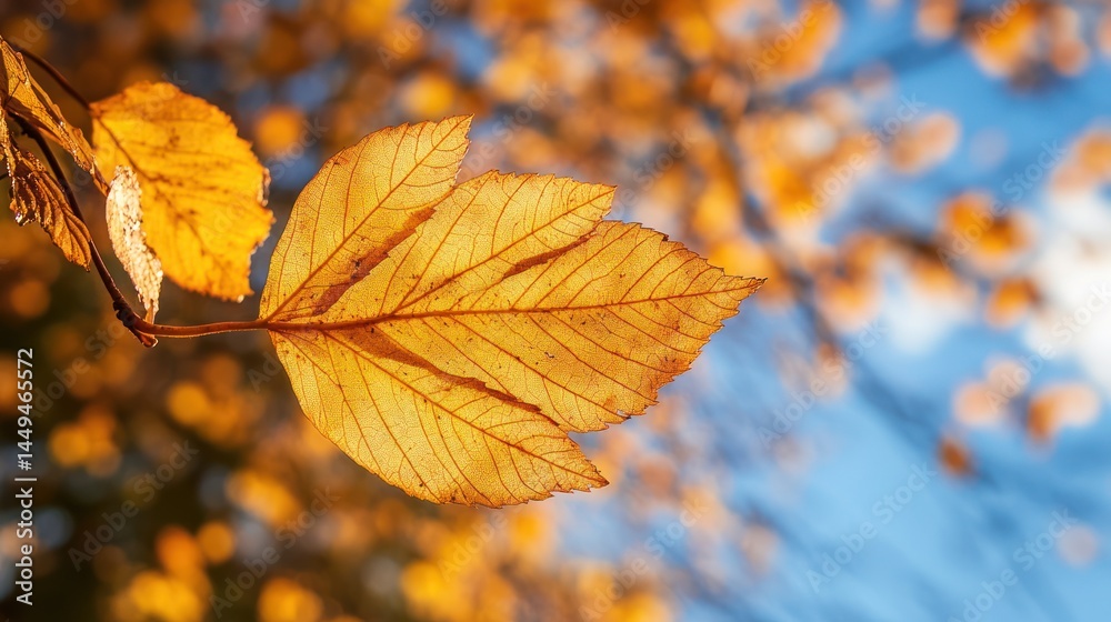 Obraz premium A closeup of a golden leaf with beautiful light and blue sky