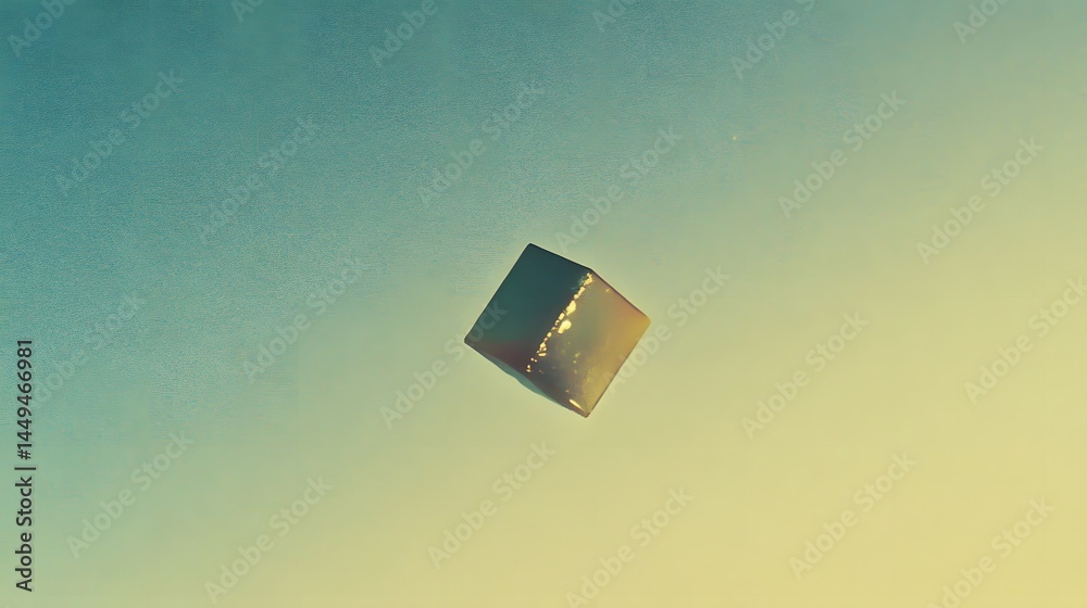Fototapeta premium Abstract Golden Cube Floating in Pastel Sky