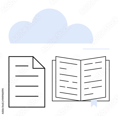 Cloud hovering over sheet of paper and open book with bookmark. Ideal for cloud storage, reading, study, education, file management, digital library, knowledge. Flat simple metaphor