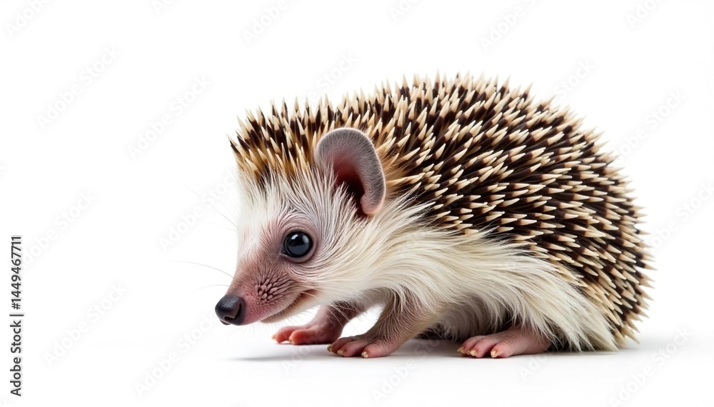 Naklejka premium Tiny hedgehog curled, isolated on pure white background, background, sweet