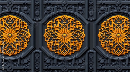 Fototapeta Naklejka Na Ścianę i Meble -  Ornate Dark Paneling with Golden Floral Designs