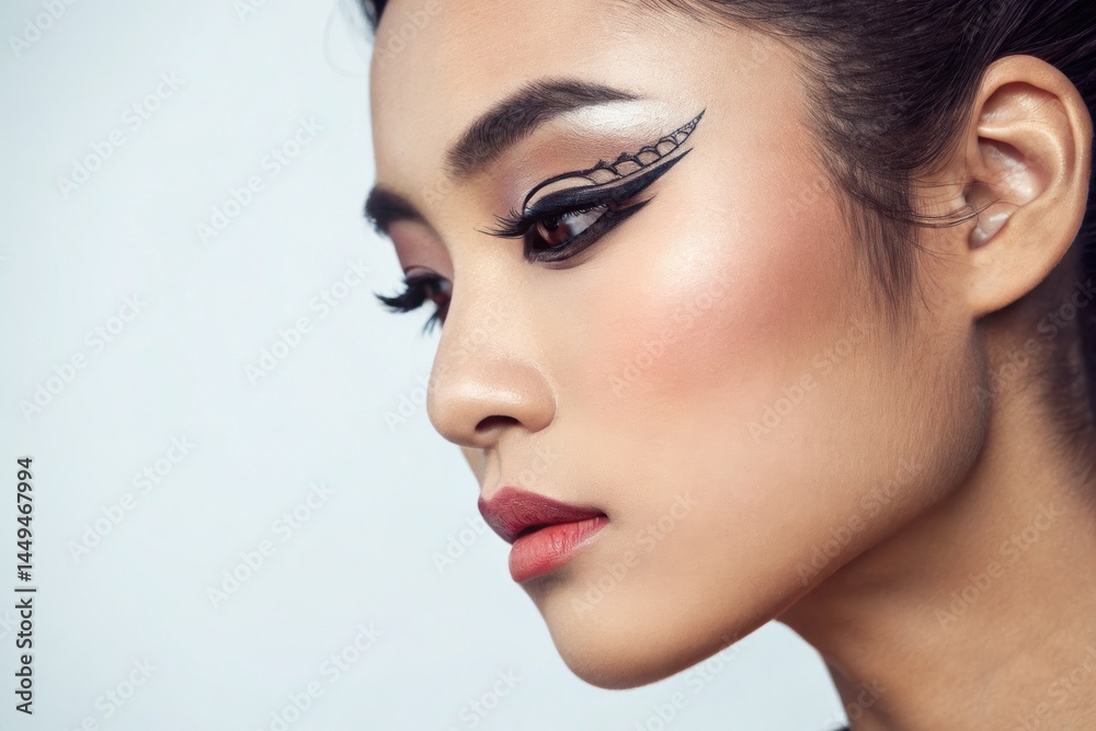 Fototapeta premium Winged eyeliner trend, Makeup Artistic Beauty Elegant profile of a woman showcasing artistic makeup and intricate eyeliner design.