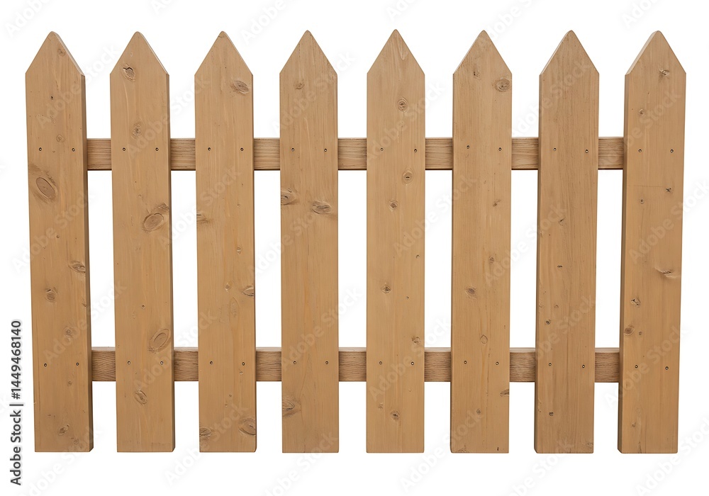 A light brown wooden picket fence with pointed tops isolated on a white background in a studio shot