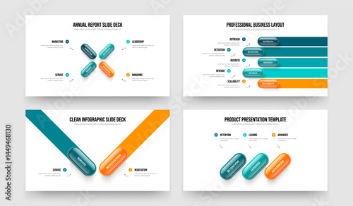 Creative Growth Four Five Two Three Step Diagram Presentation Template Vector Illustration Collection. Project Strategy 4 5 2 3 Option Infographic Slideshow Layout Bundle.