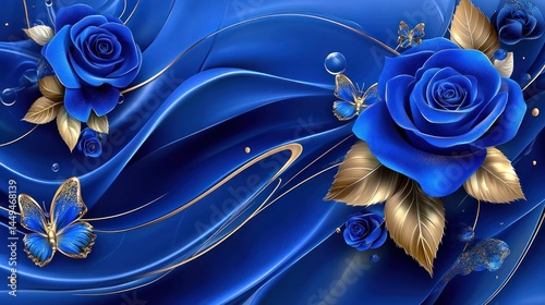 Blue Roses, Gold Accents,  Fluid Design